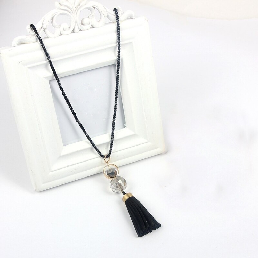Chic Clear Sphere Long Black and Gold Tassel Necklace - Picture 3 of 11